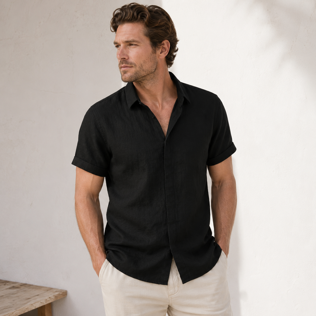 Front view of men's camp collar short sleeve shirt