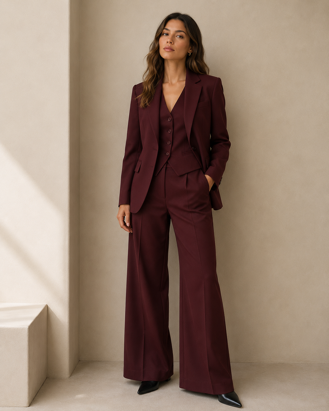 Women's tailored blazer set with lapel collar, front button closure, and coordinating vest and straight-leg trousers