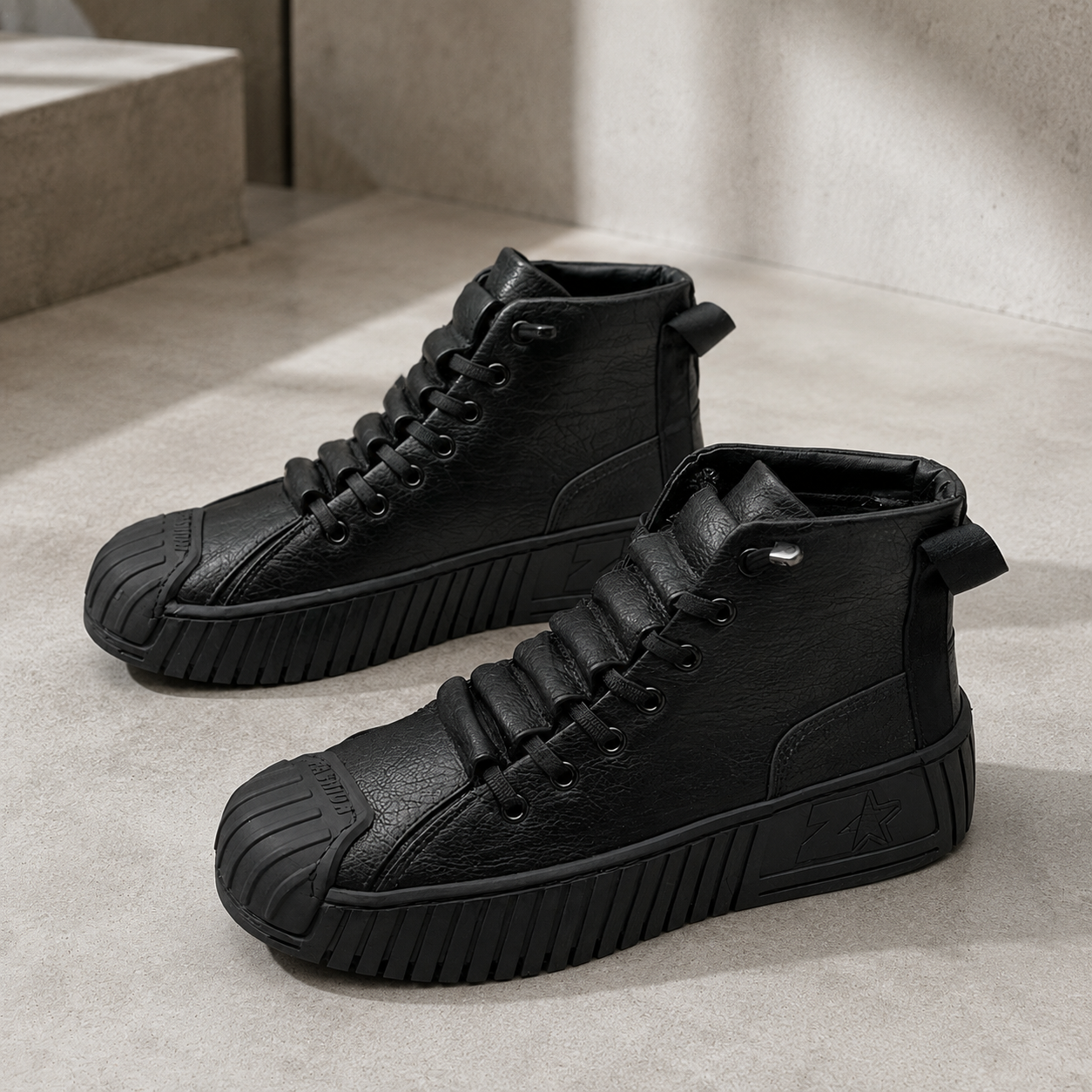 High-top men's sneakers with structured rubber sole and pull tab at the heel