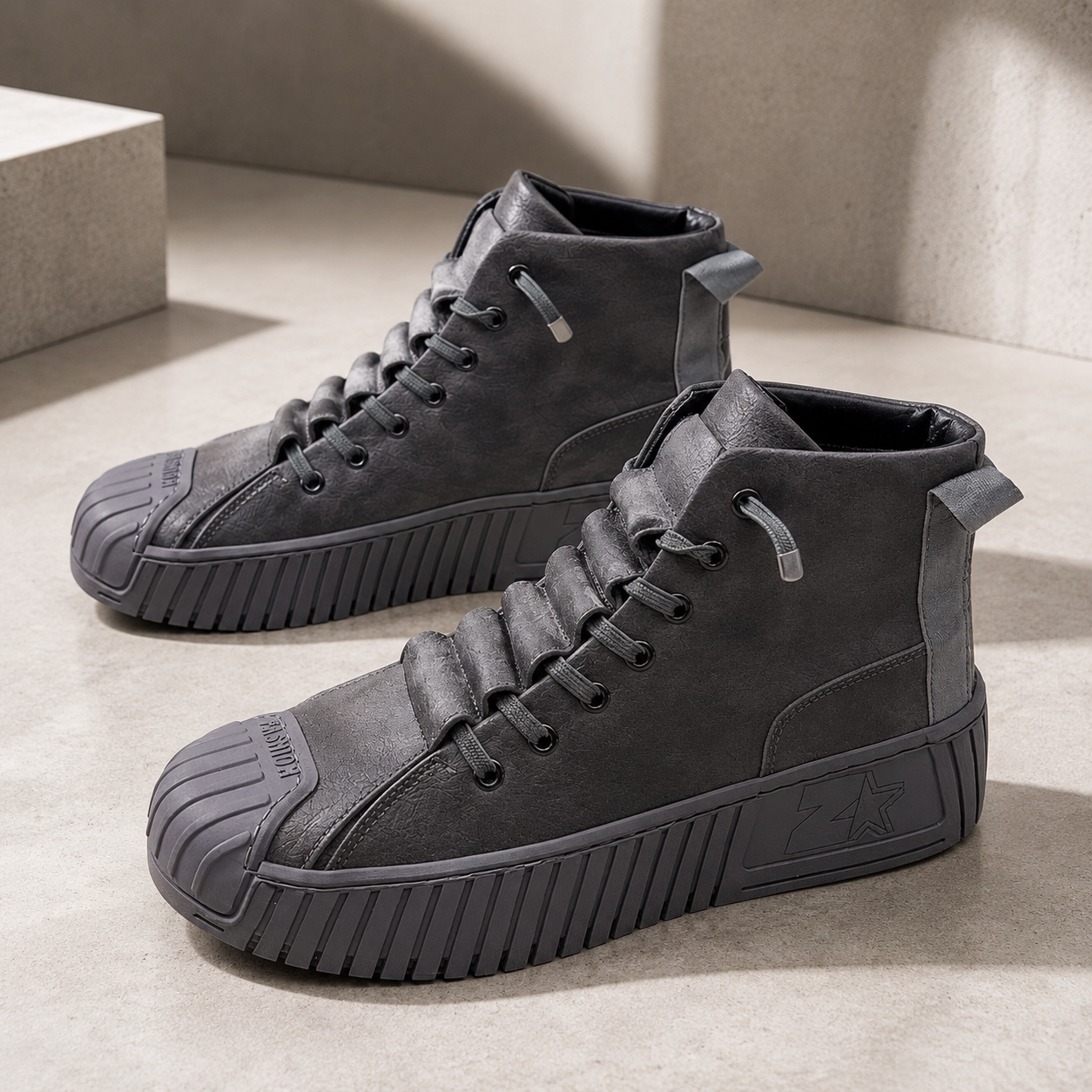 Men's high-top lace-up sneakers with pull tab, padded panels, and structured rubber sole