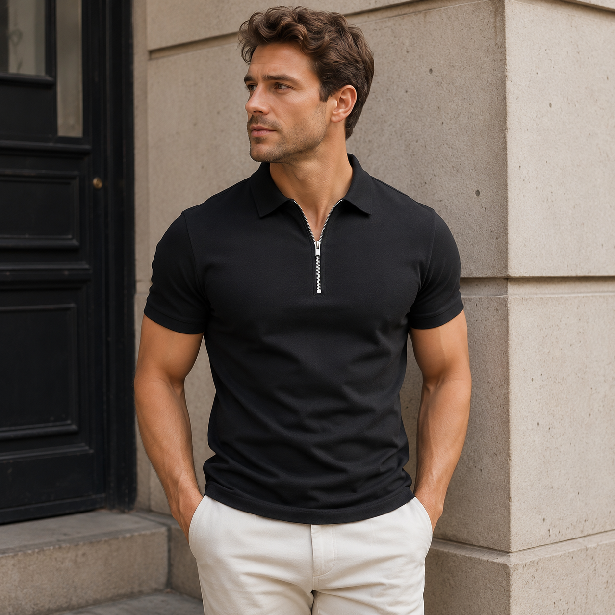 Men's short-sleeved zip-up polo shirt