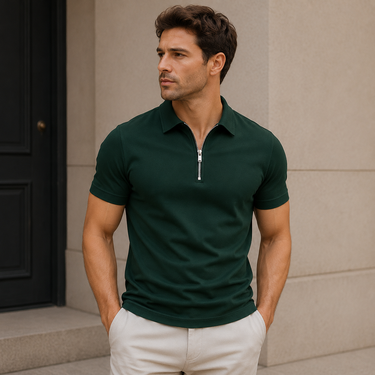 Men's short-sleeved zip-up polo shirt