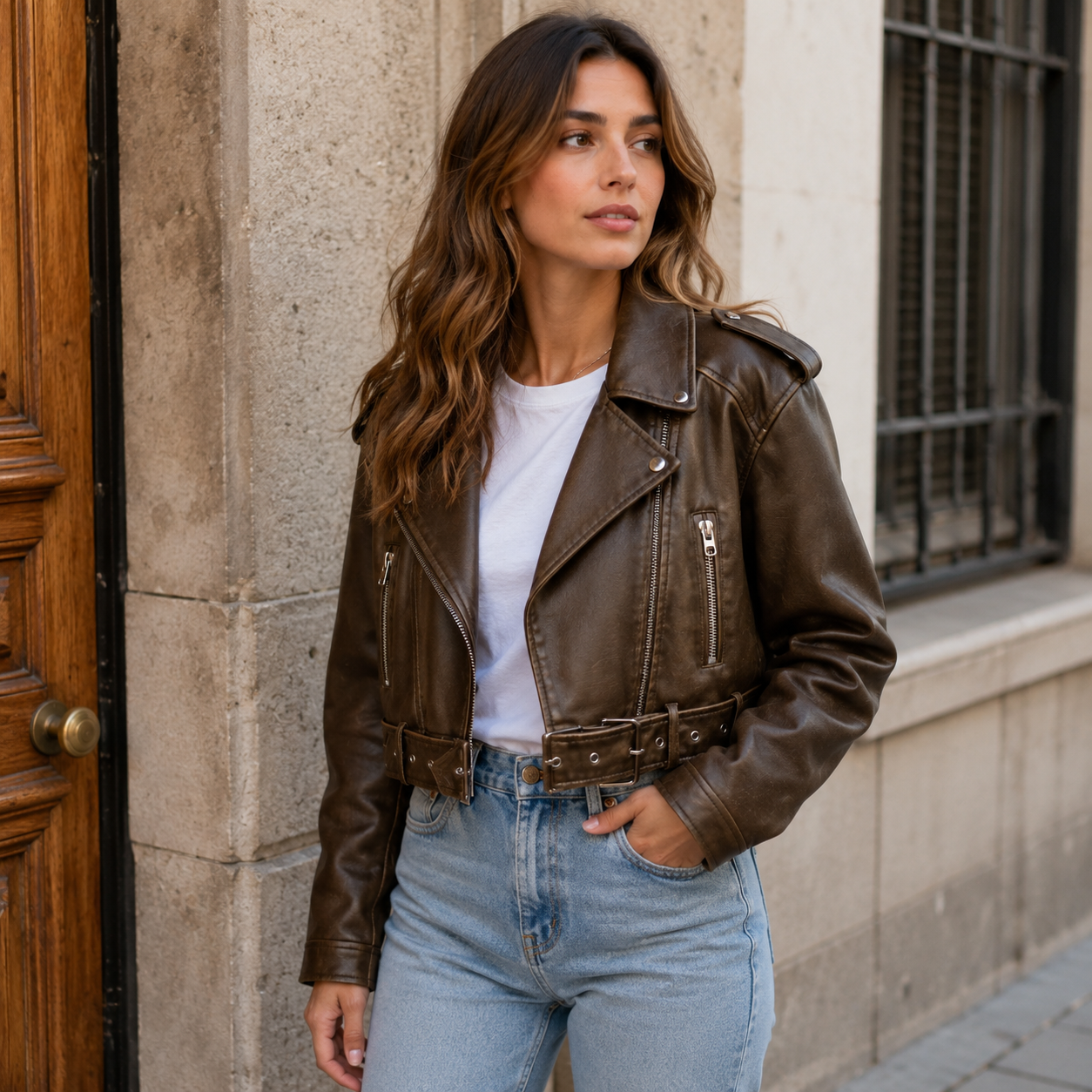 Cropped moto jacket with belted hem