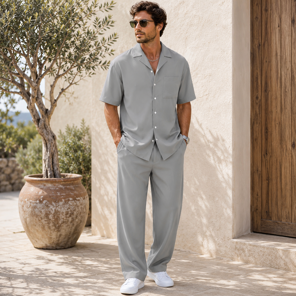 Button-up shirt and relaxed-fit pants set