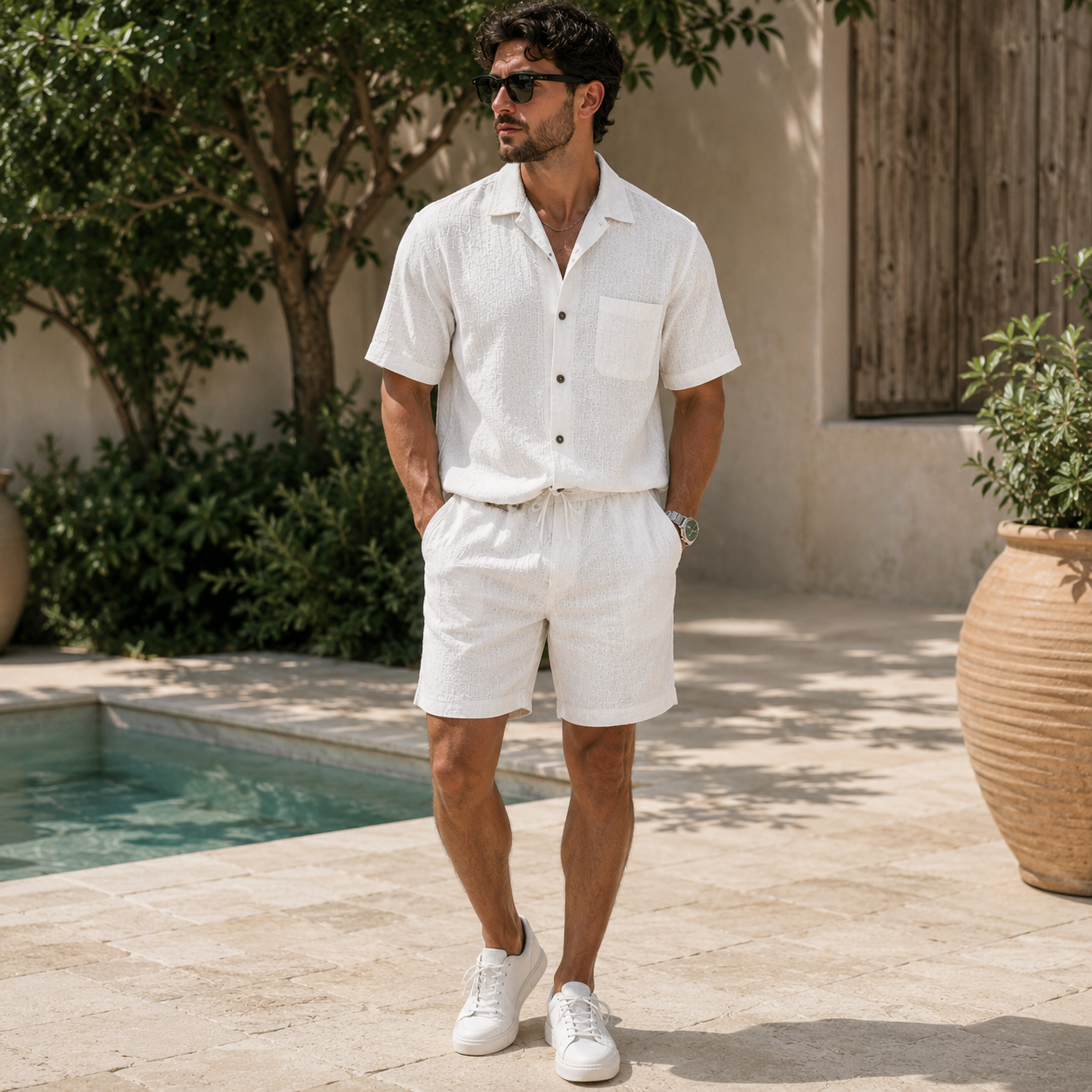 Linen blend two-piece outfit with camp collar shirt
