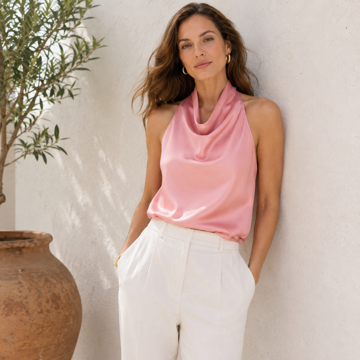 Women's draped halter top front view