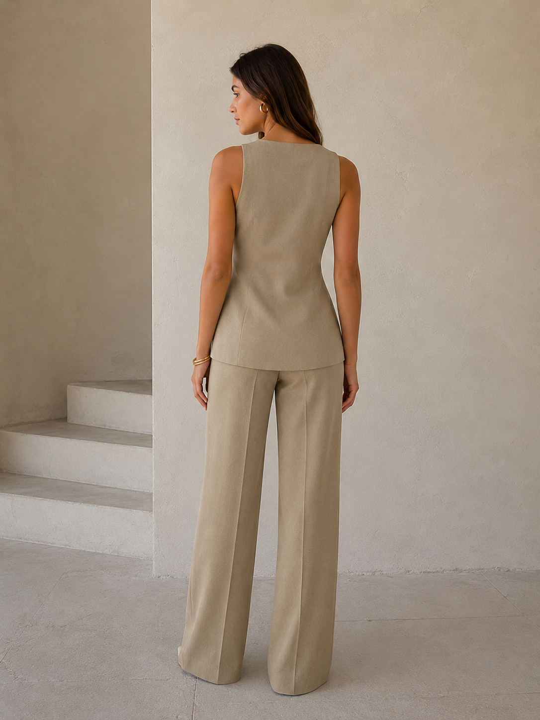 Women's sleeveless V-neck vest and wide-leg trousers two-piece set