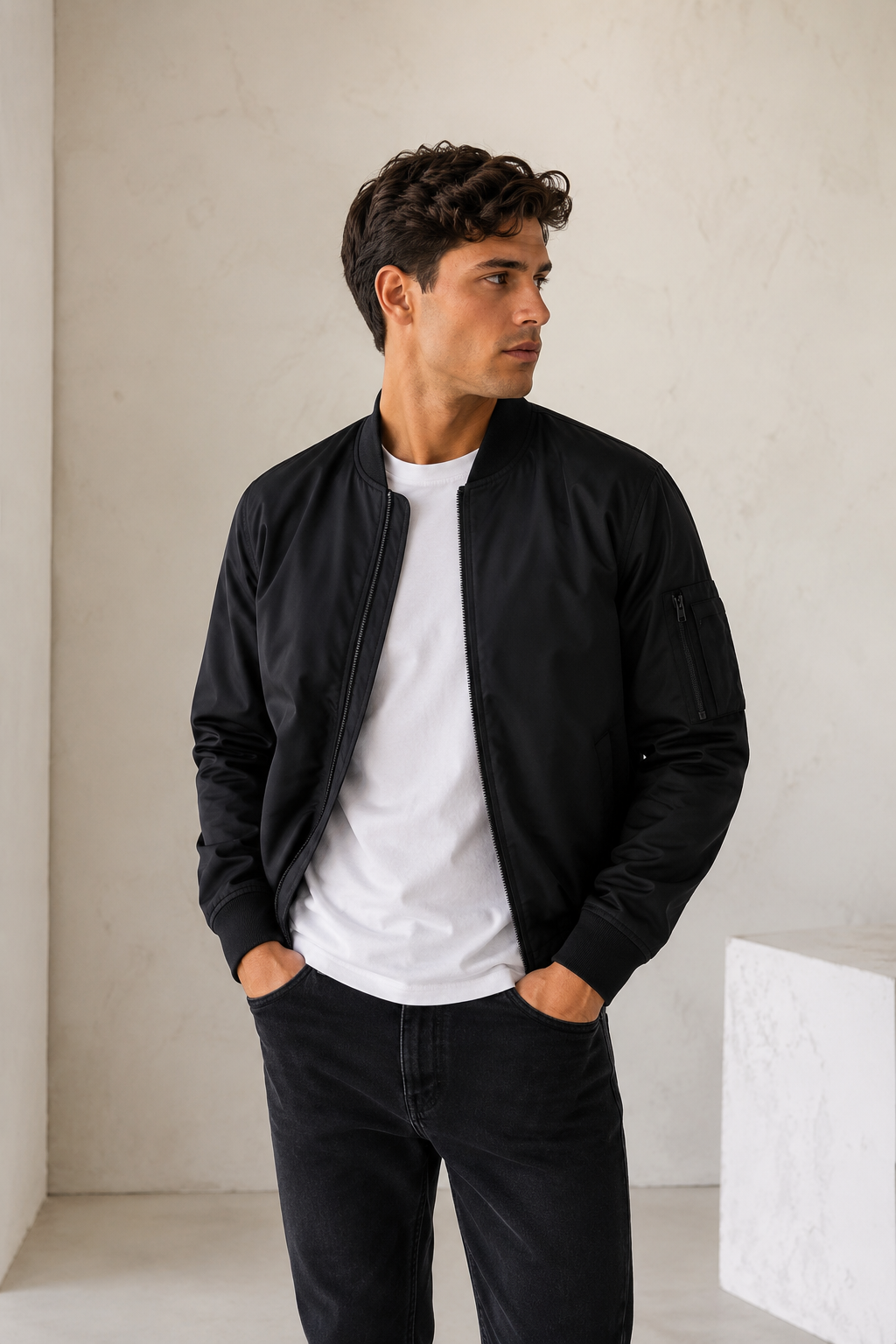 Men's bomber jacket with front zipper, stand collar, and ribbed cuffs