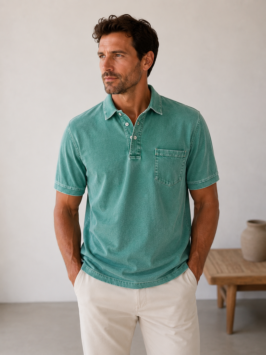 Men's short-sleeve denim polo shirt with classic polo collar and straight hem
