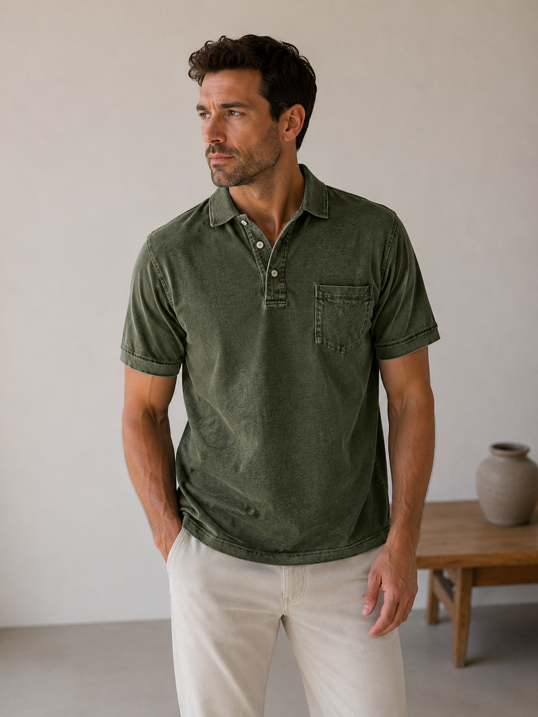 Short-sleeve men's denim polo shirt with front button closure and straight hem