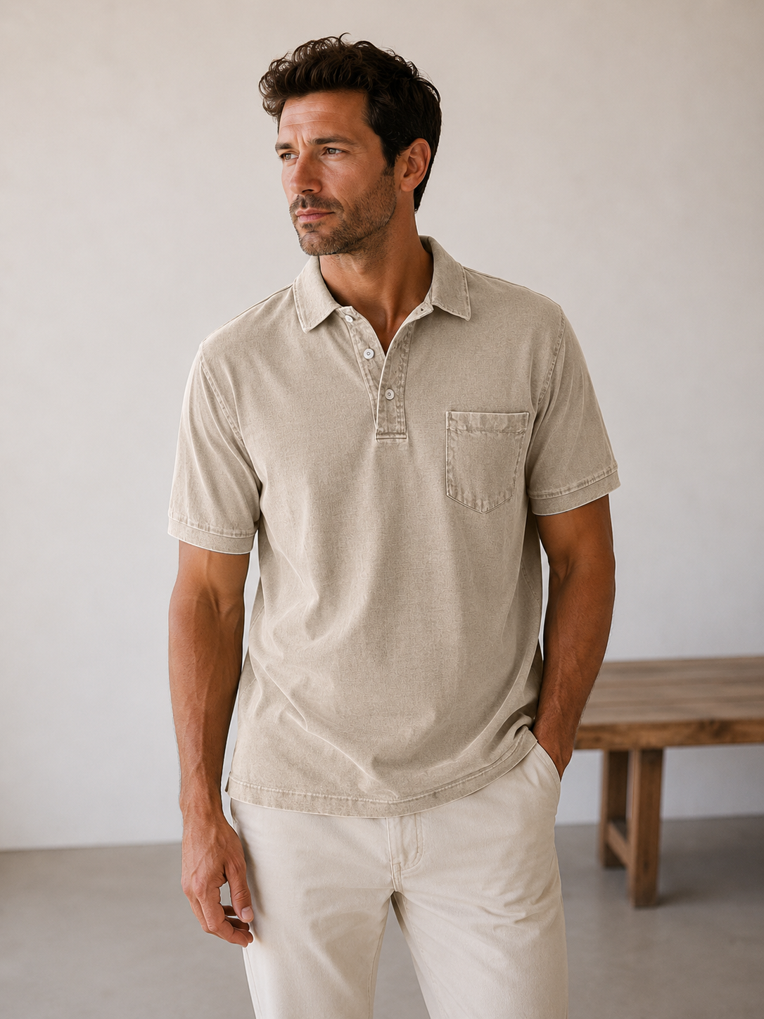 Men's regular-fit denim polo shirt with chest pocket and polo collar