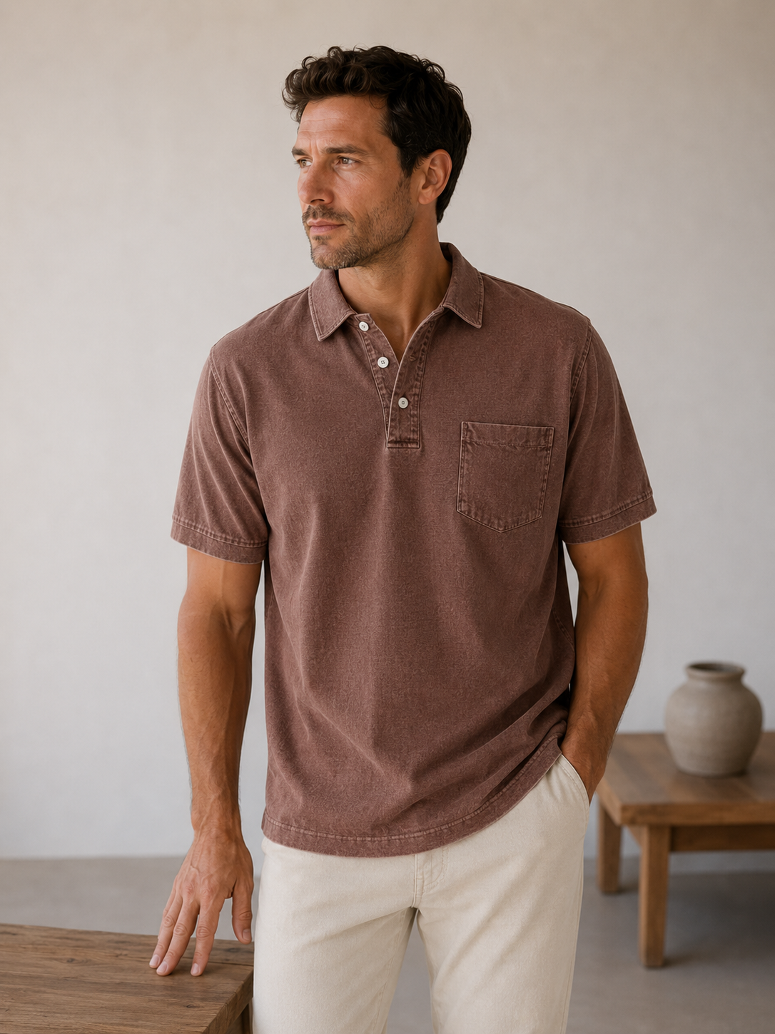 Men's denim polo shirt with classic polo collar, chest pocket, and straight hem