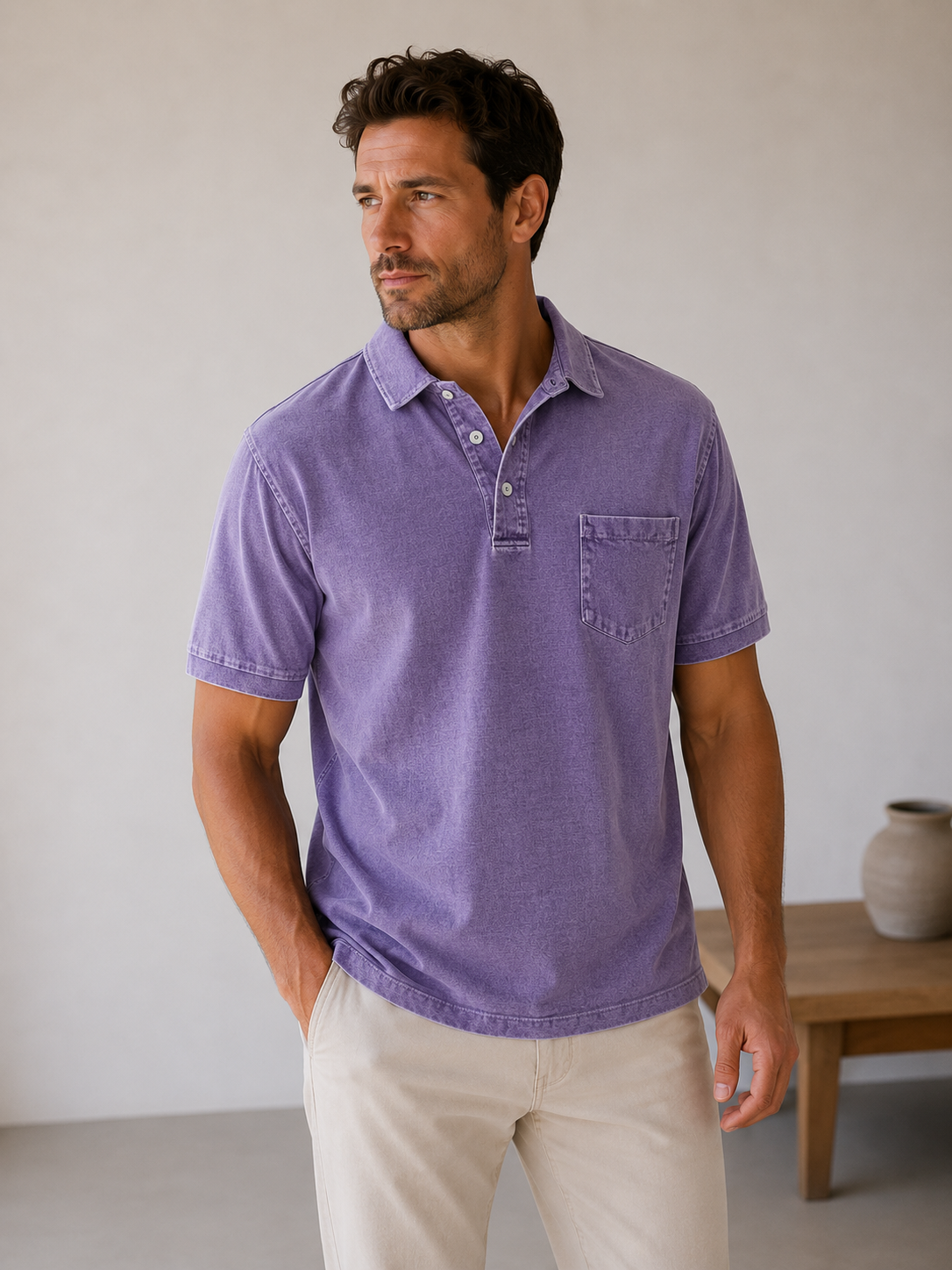 Short-sleeve men's denim polo shirt with button placket and relaxed straight fit