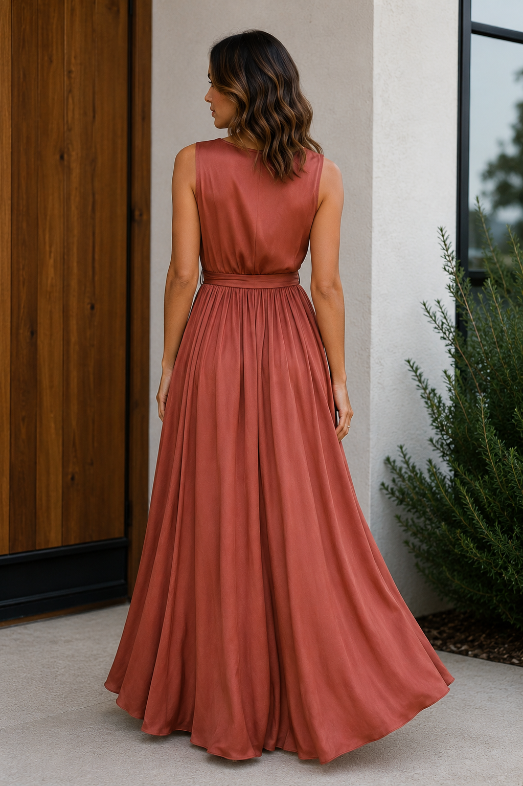 Sleeveless wrap maxi dress with front slit and flowing skirt
