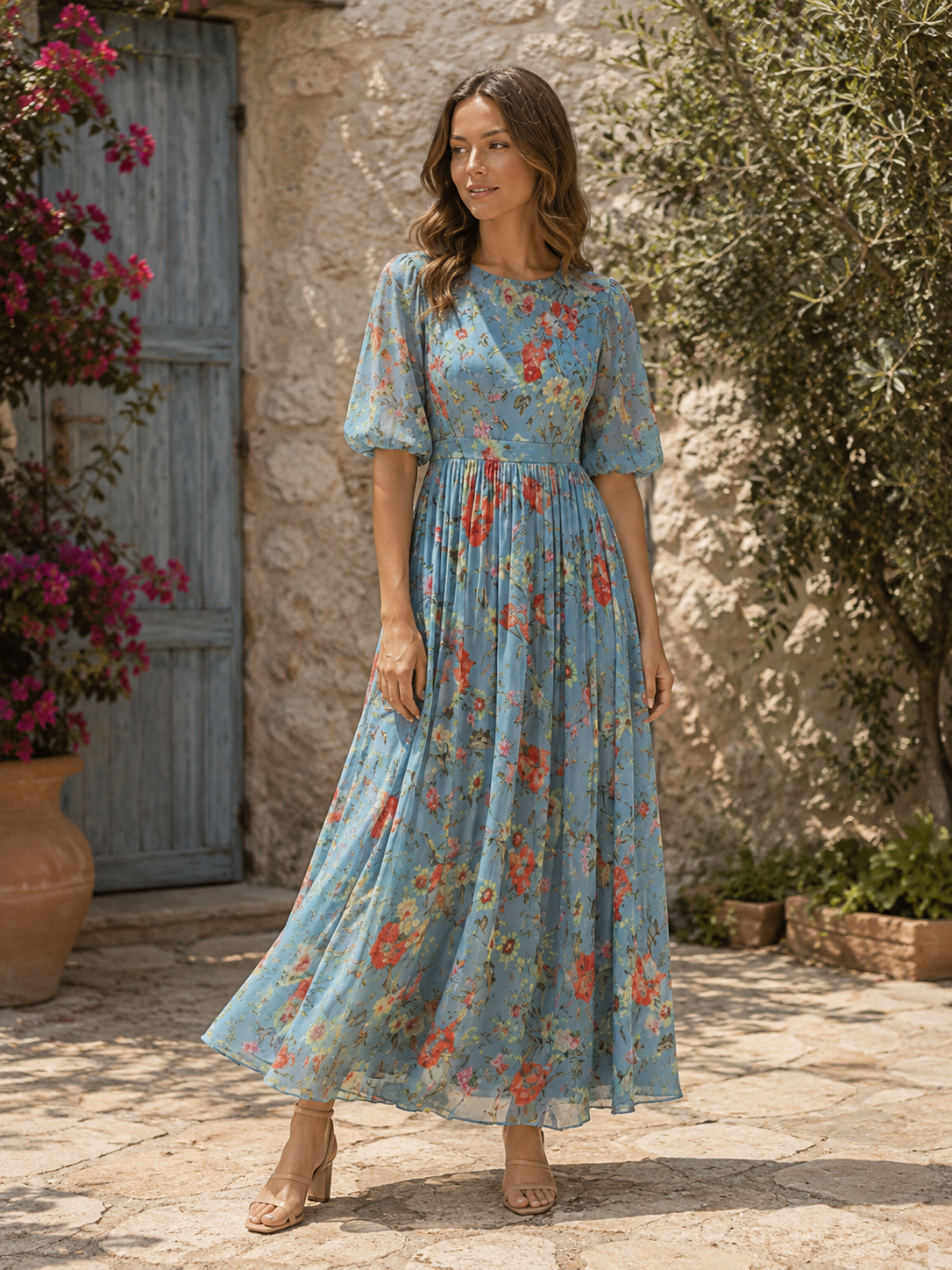 Floral maxi dress with round neckline and short sleeves