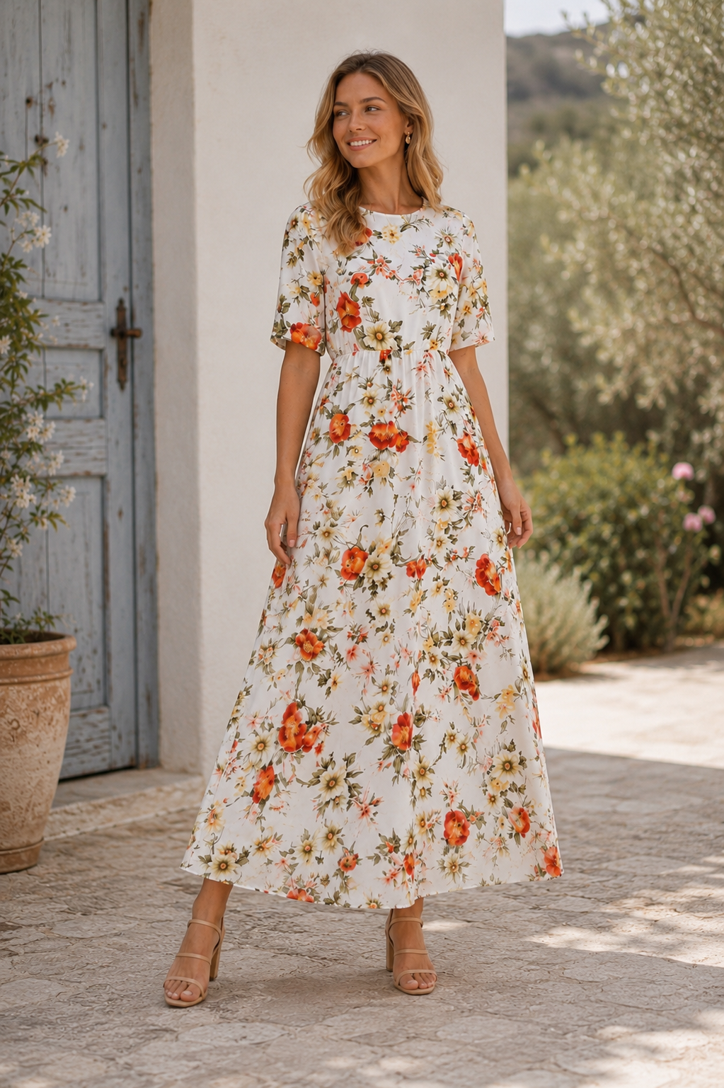Front view of women's floral print short sleeve maxi dress