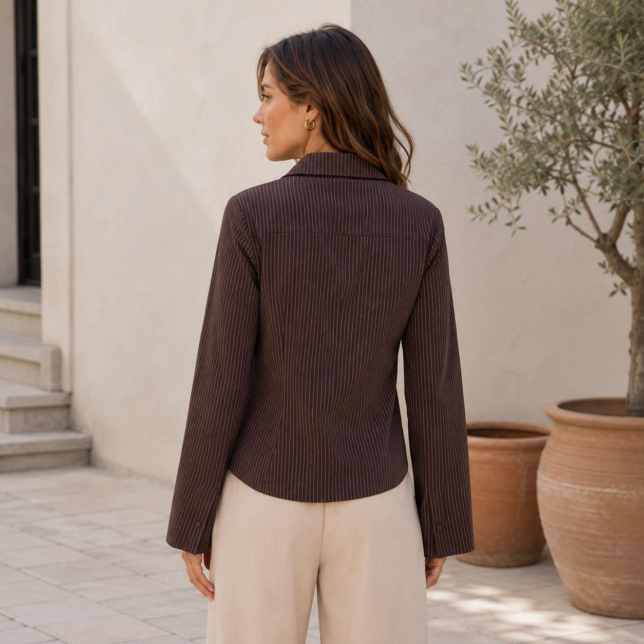 Fitted button front shirt with vertical stripes