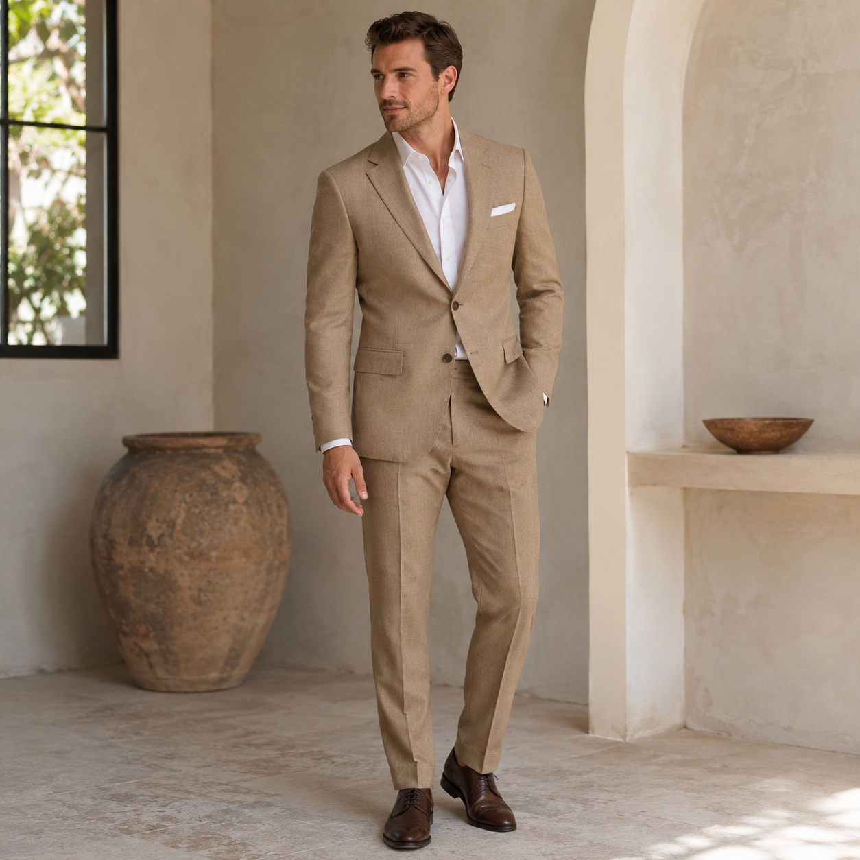 Full-length view of men's matching suit set