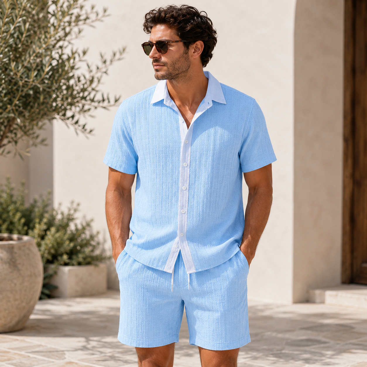 Classic collar detail on men's striped short sleeve shirt