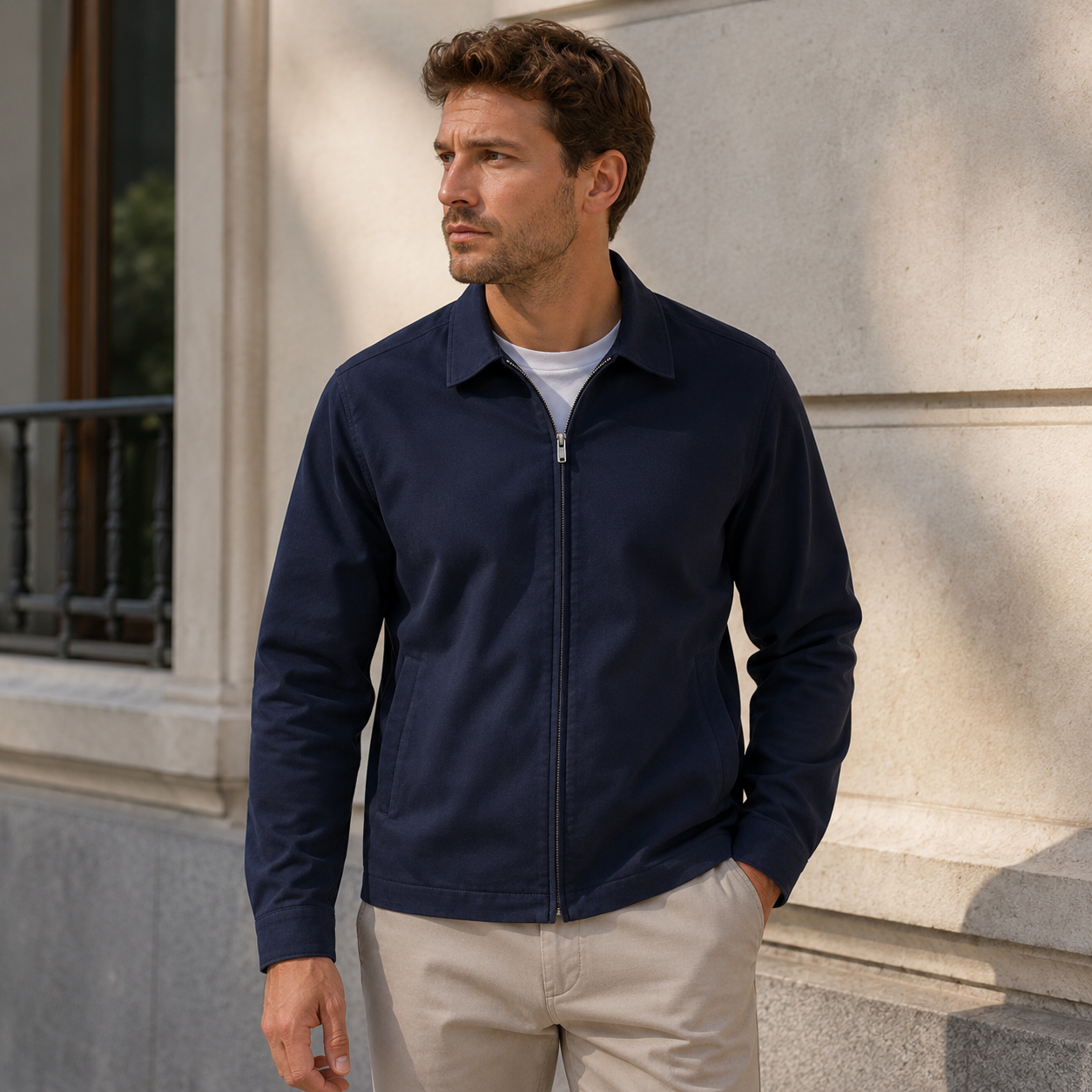 Front view of men's zip front collared jacket