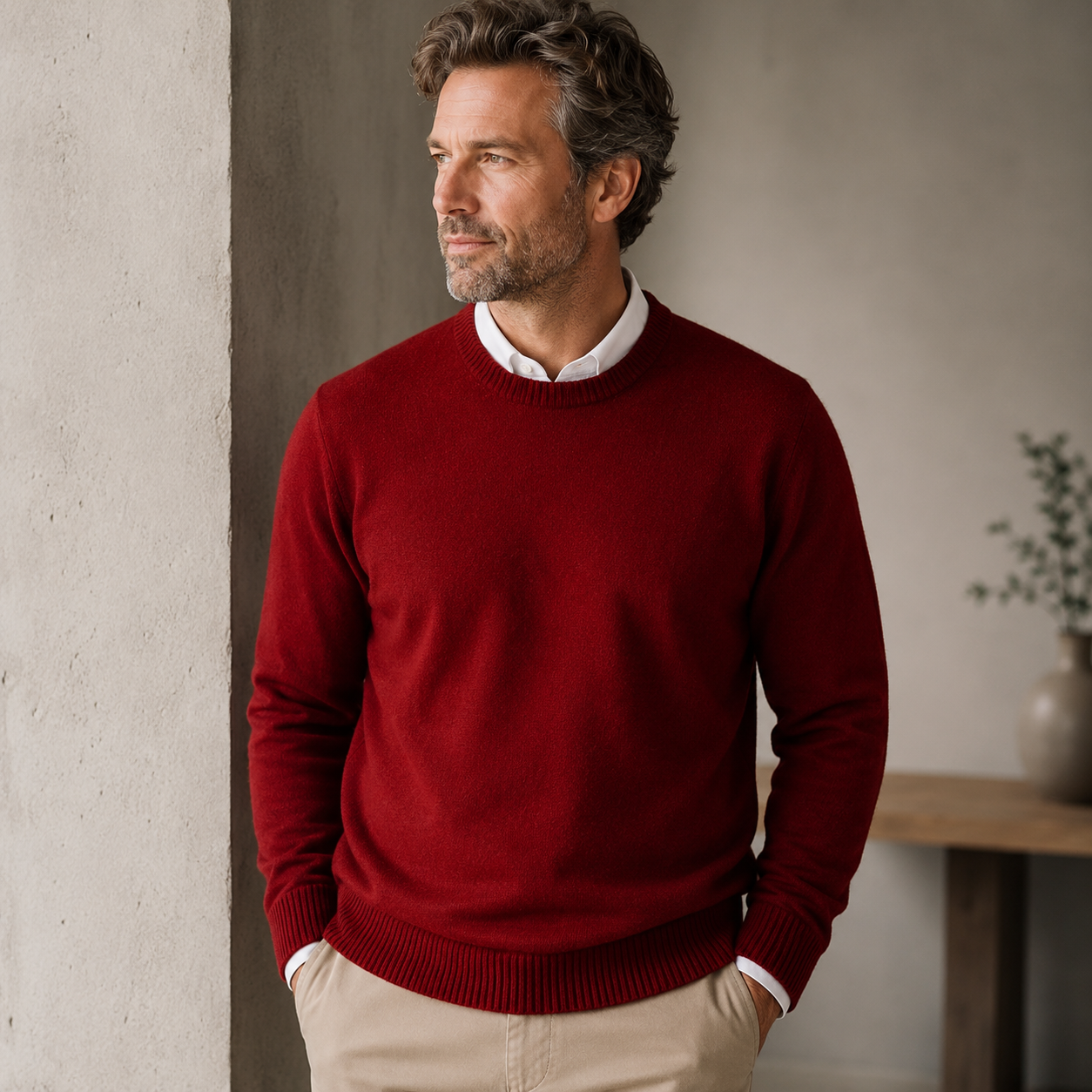Men's knitted round neck sweater with straight fit and even stitch pattern