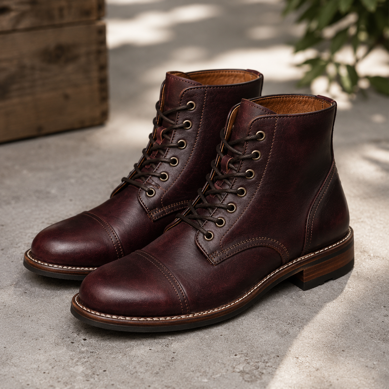 Lace-up leather ankle boots for men with rounded toe and durable outsole