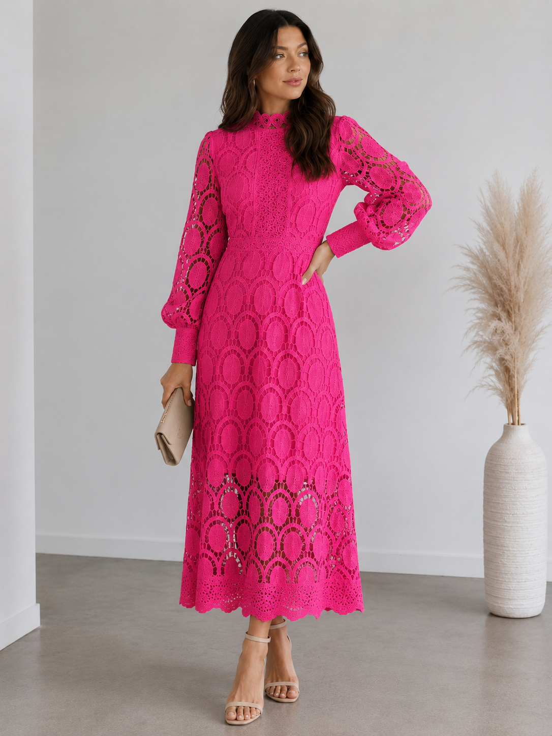 Lace Stand Collar Long Sleeve Midi Dress Women