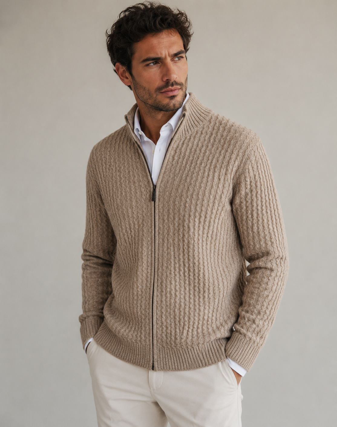Men's textured knit sweater with full-length zipper and stand-up collar