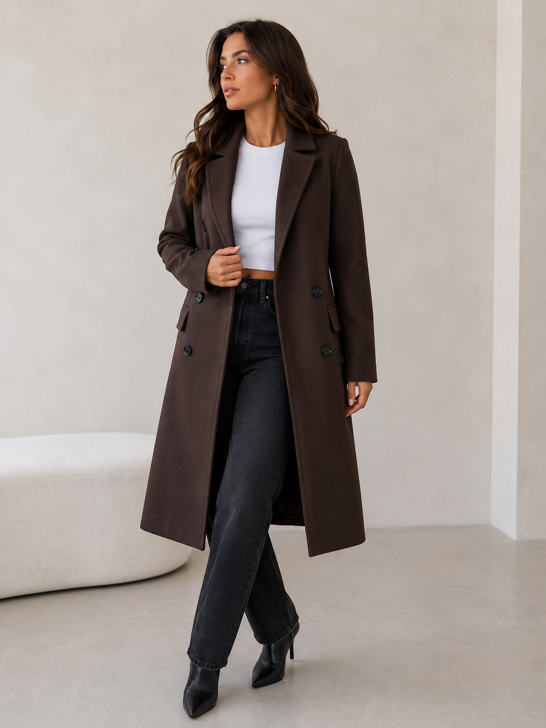Women's long polyester coat with lapel collar and front button closure