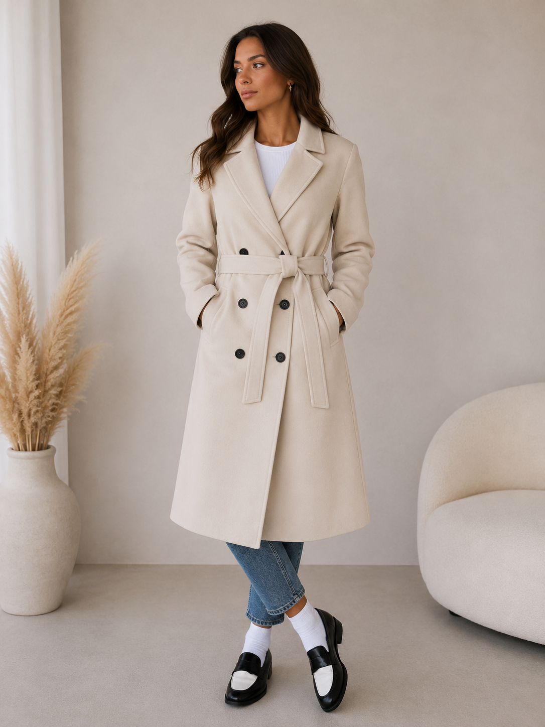 Women's long polyester coat showing full-length tailored fit and clean lines