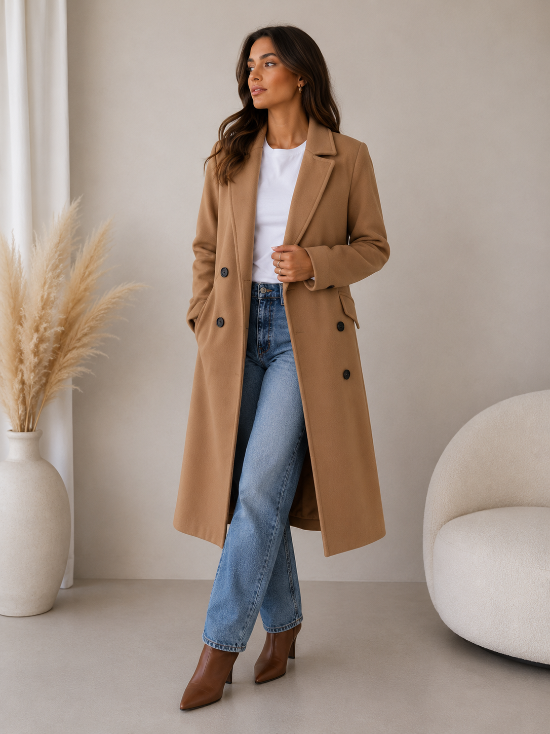 Close-up of lapel collar and button closure on women's long polyester coat