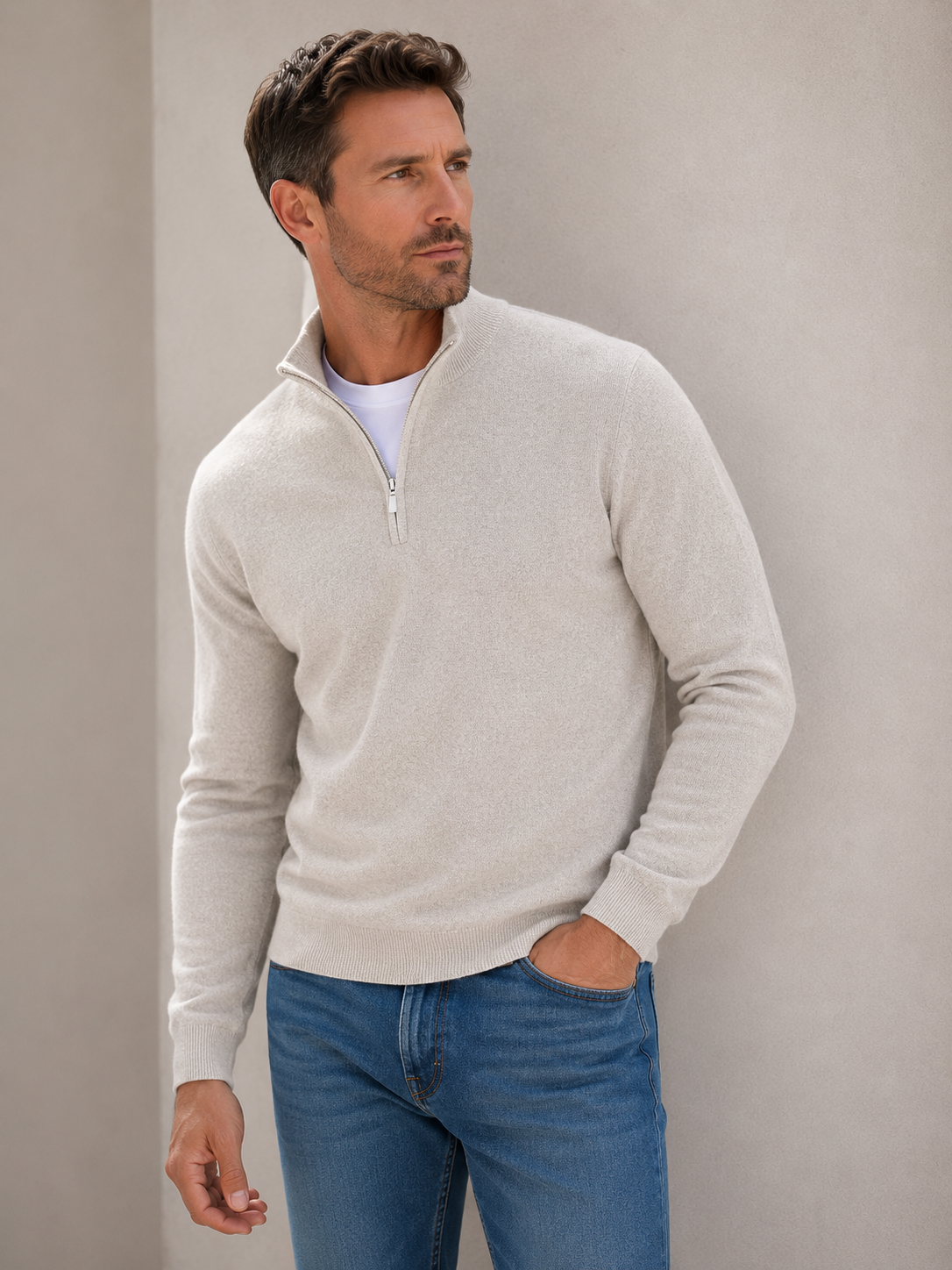 Men's wool-blend half-zip sweater shown from a three-quarter angle, highlighting the ribbed collar and zip detail