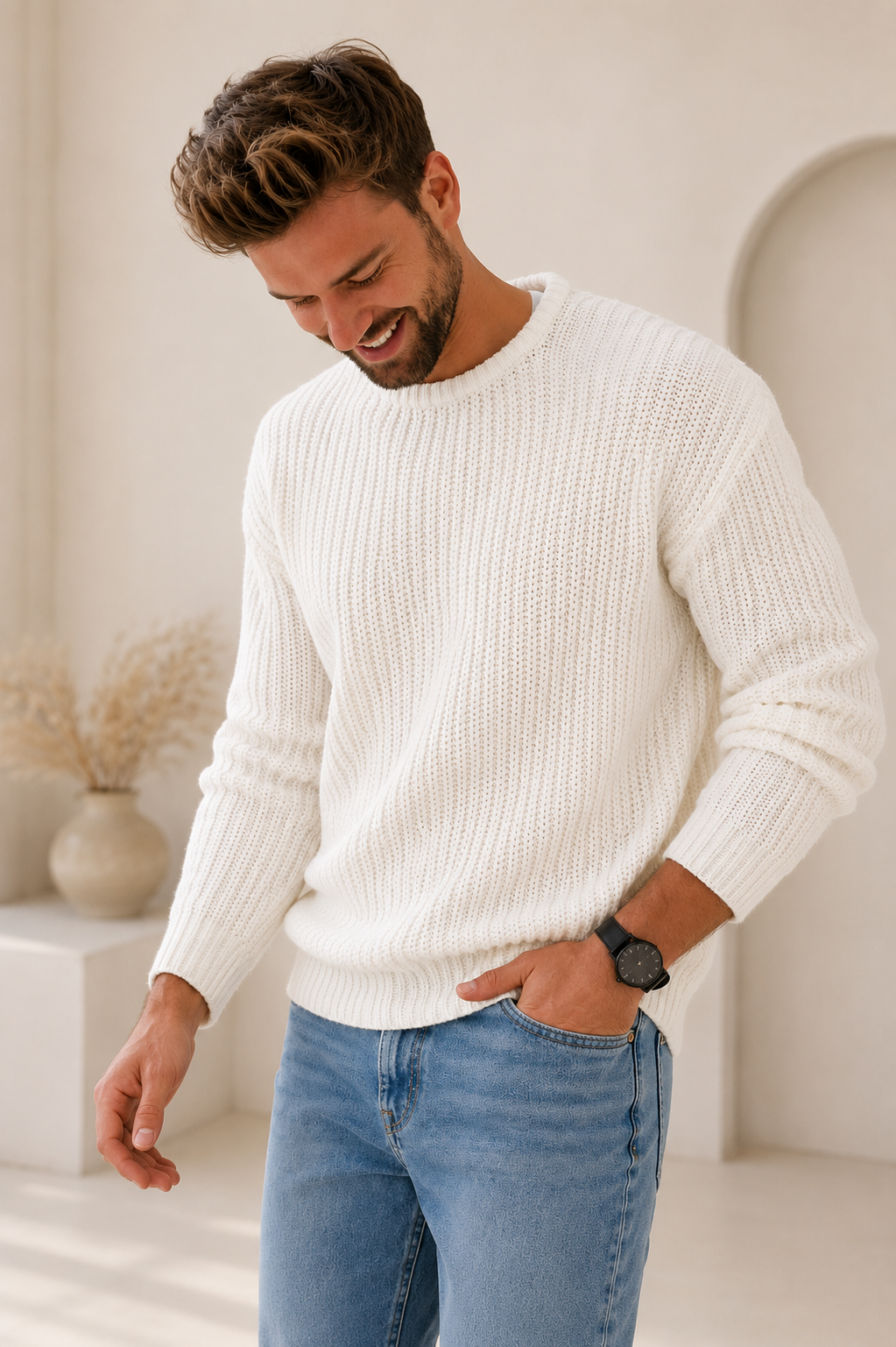 Men's chunky knit sweater with crew neck and ribbed cuffs, front view