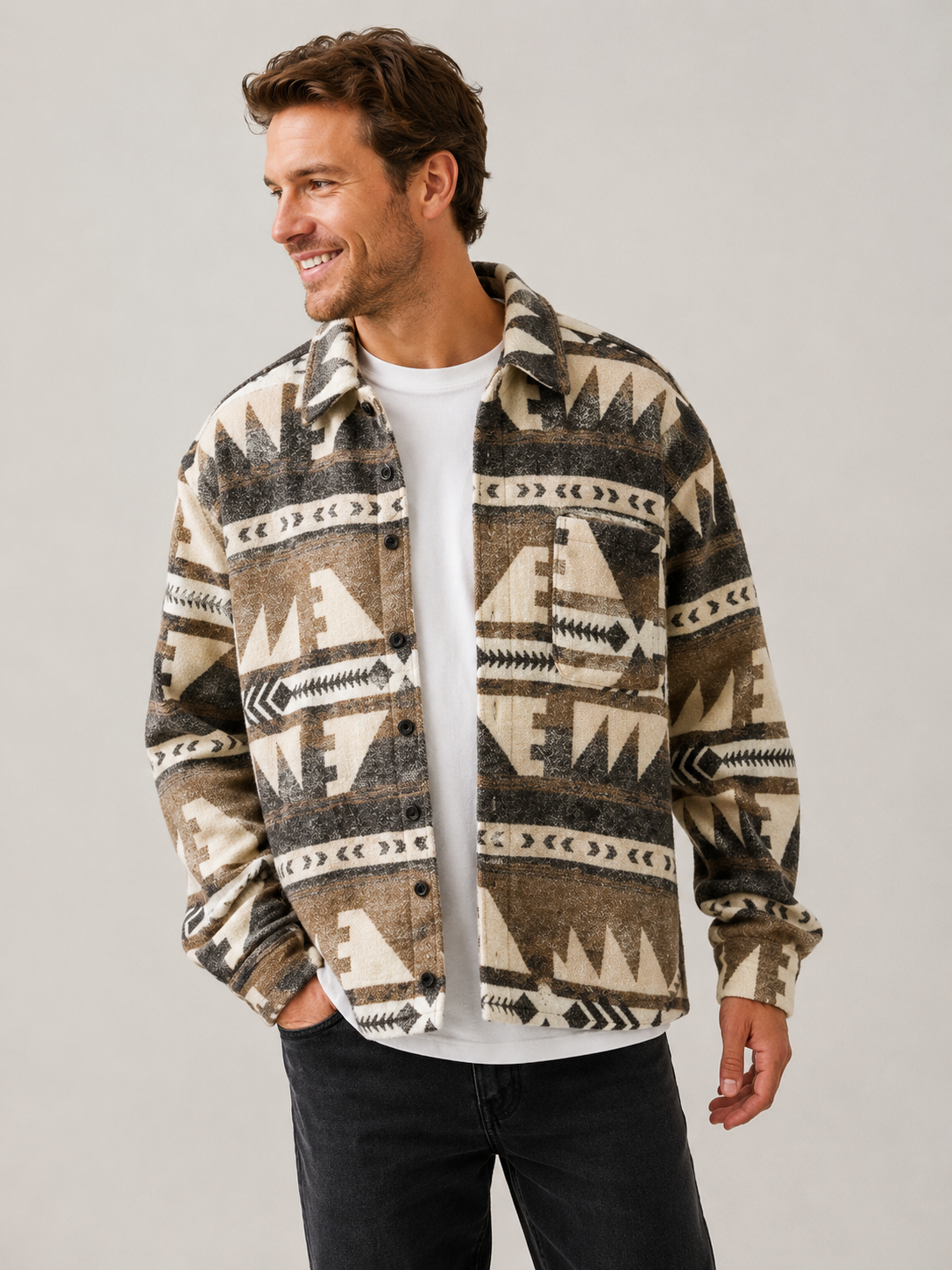 Patterned overshirt in woven material for men