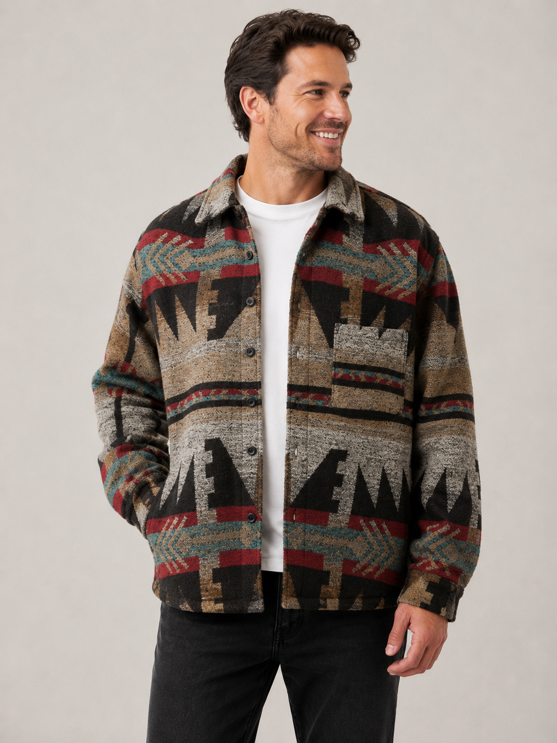 Patterned overshirt in woven material for men