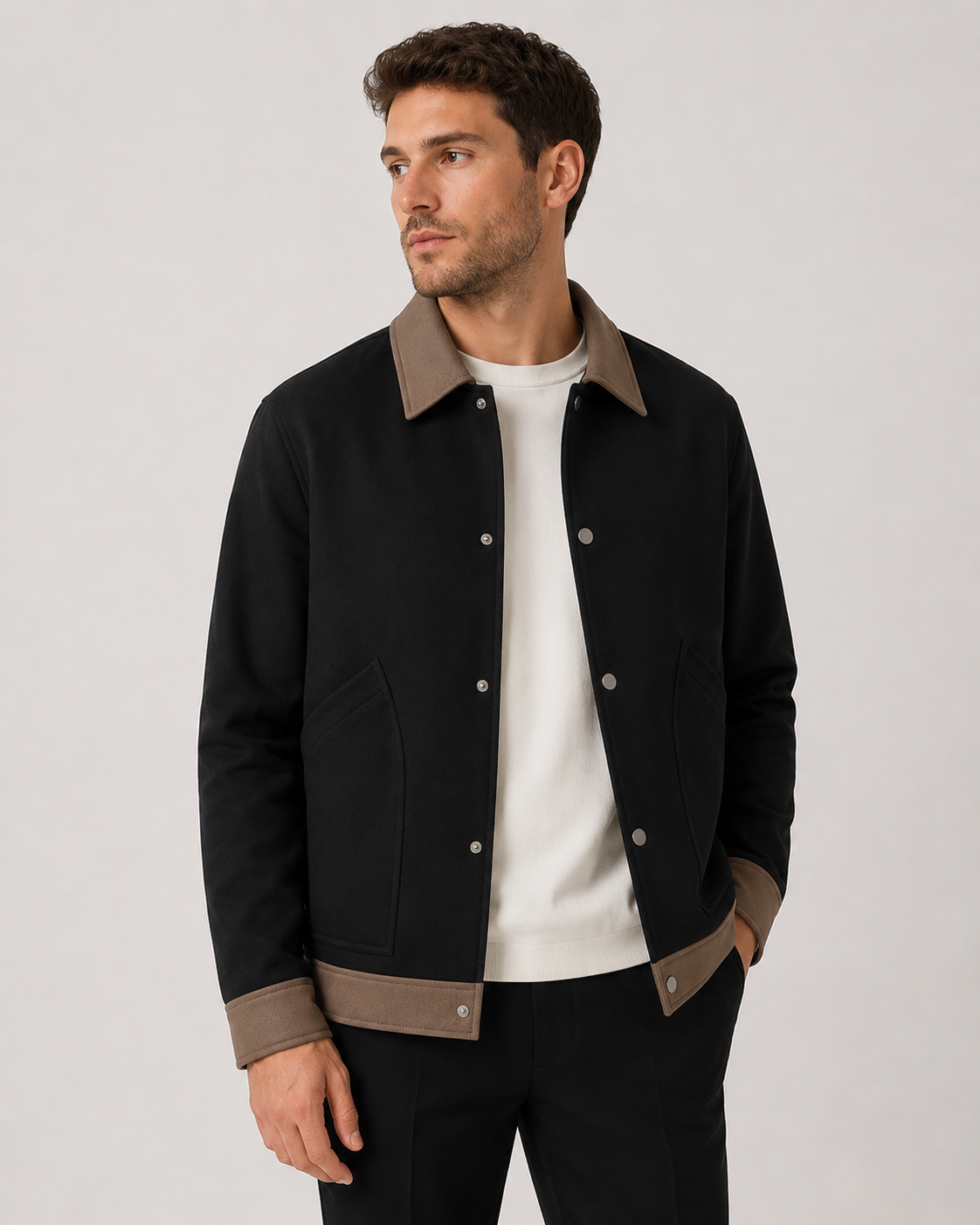 Regular fit men's snap-button jacket with contrasting collar and cuffs