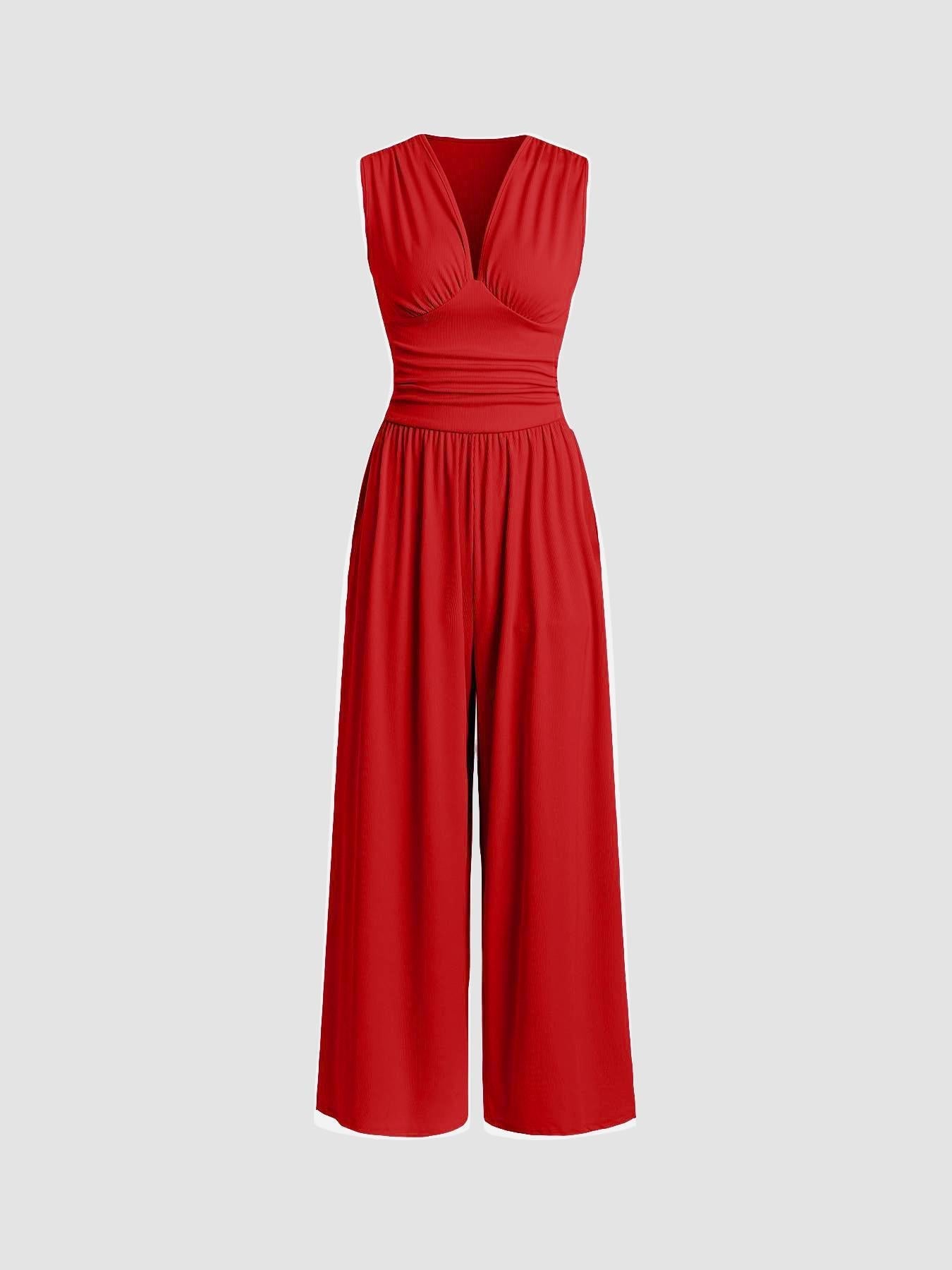 Women's Elegant V-Neck Sleeveless Jumpsuit with Wide-Leg Silhouette and Gathered Waist