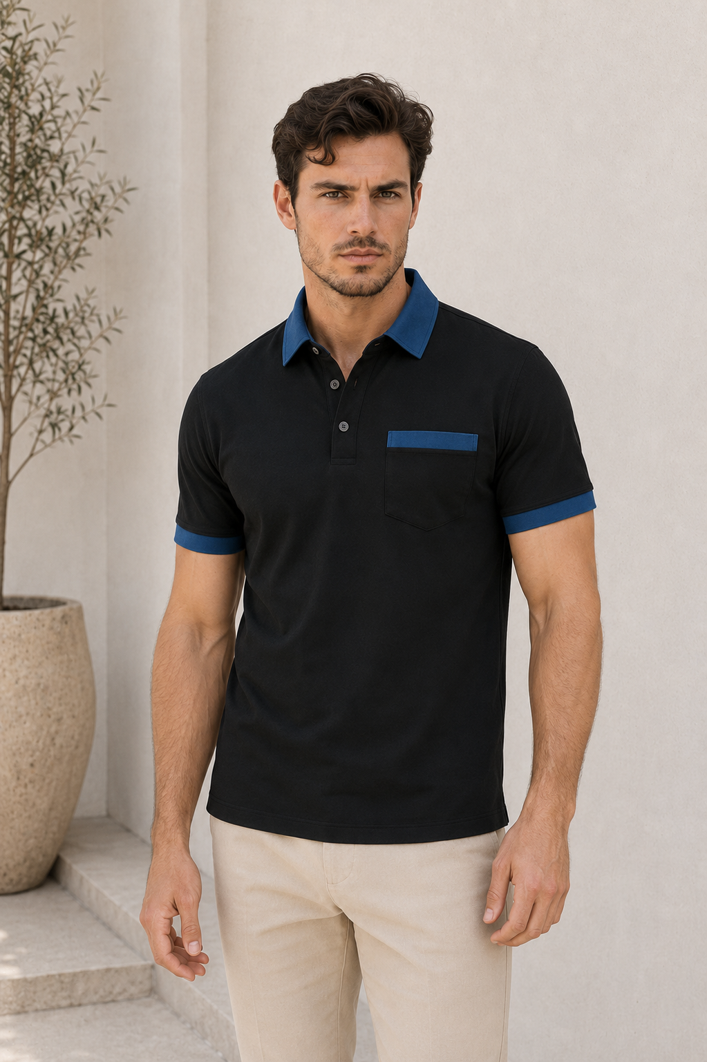 Black classic polo shirt men short sleeve