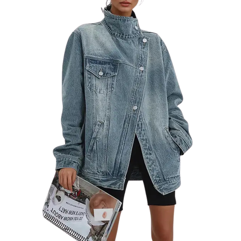 Women's oversized denim jacket with asymmetric front and long sleeves