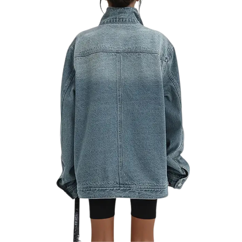 Hip-length asymmetric denim jacket with structured oversized silhouette