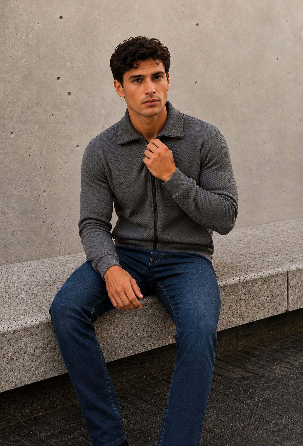 Men's dark gray ribbed cardigan with full zip closure