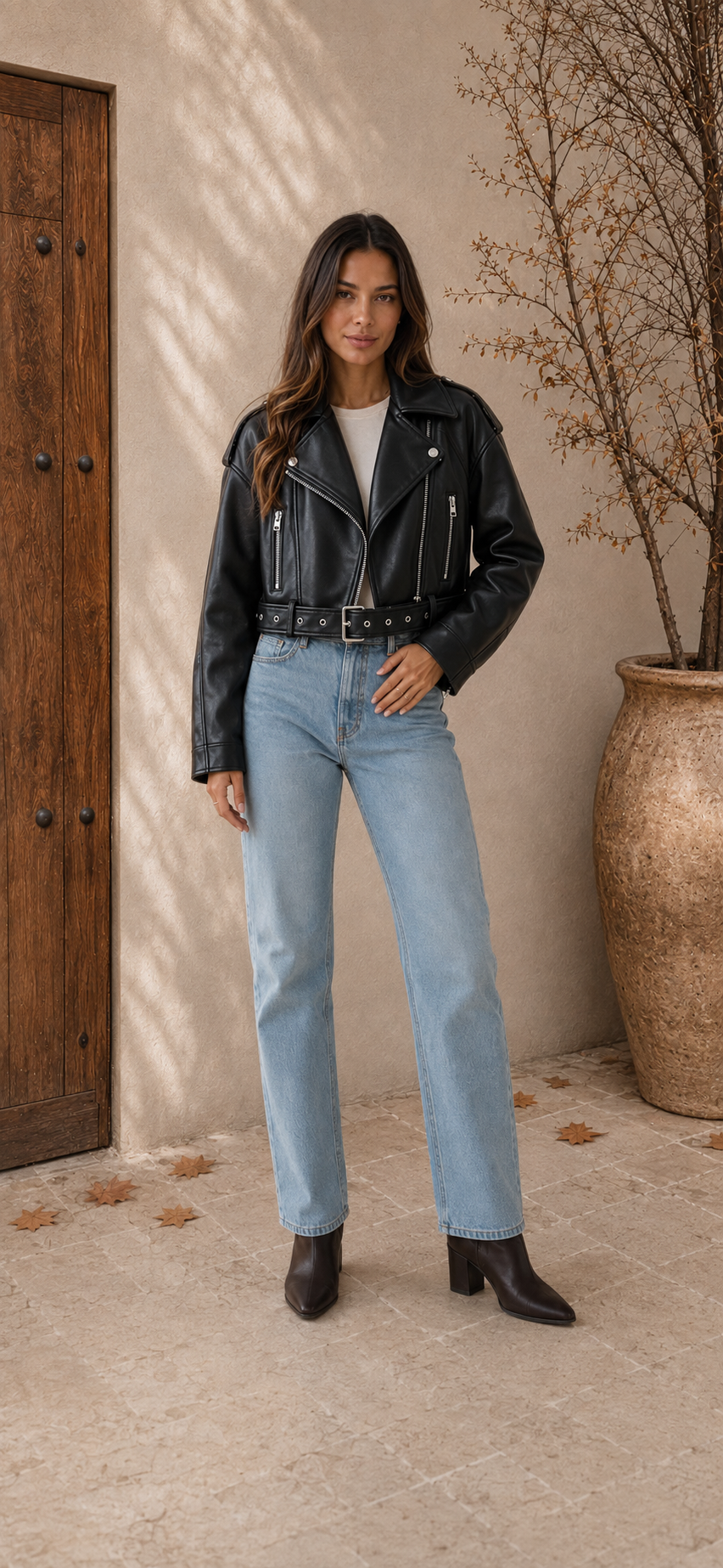 Women’s Black Cropped PU Leather Jacket with Belt and Zipper