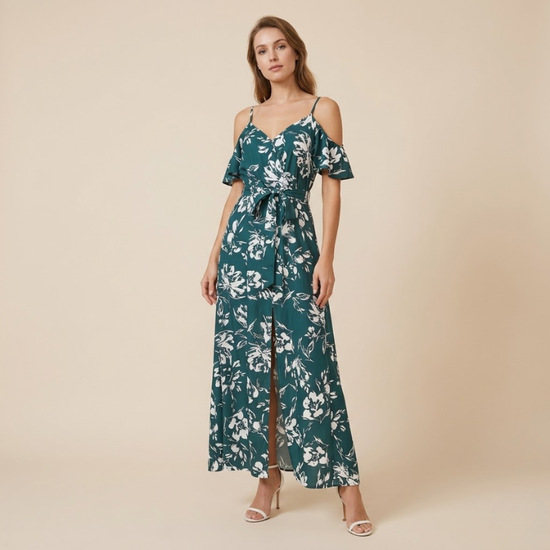 Cold-shoulder floral maxi dress with short sleeves, V-neckline, and maxi-length front slit