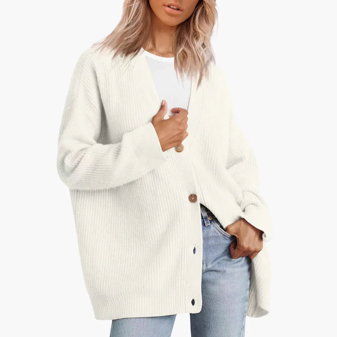 Women's button-front rib-knit cardigan with V-neckline and ribbed cuffs