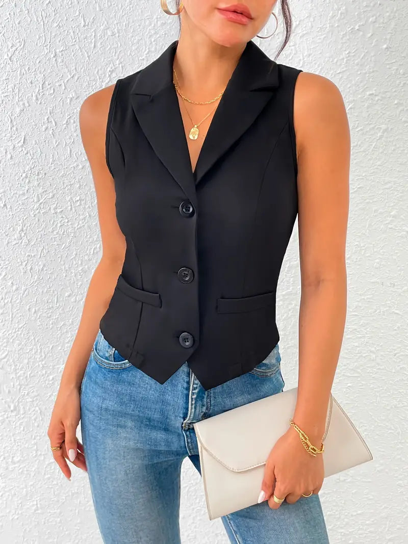 Women's sleeveless tailored vest with lapel collar and button closure