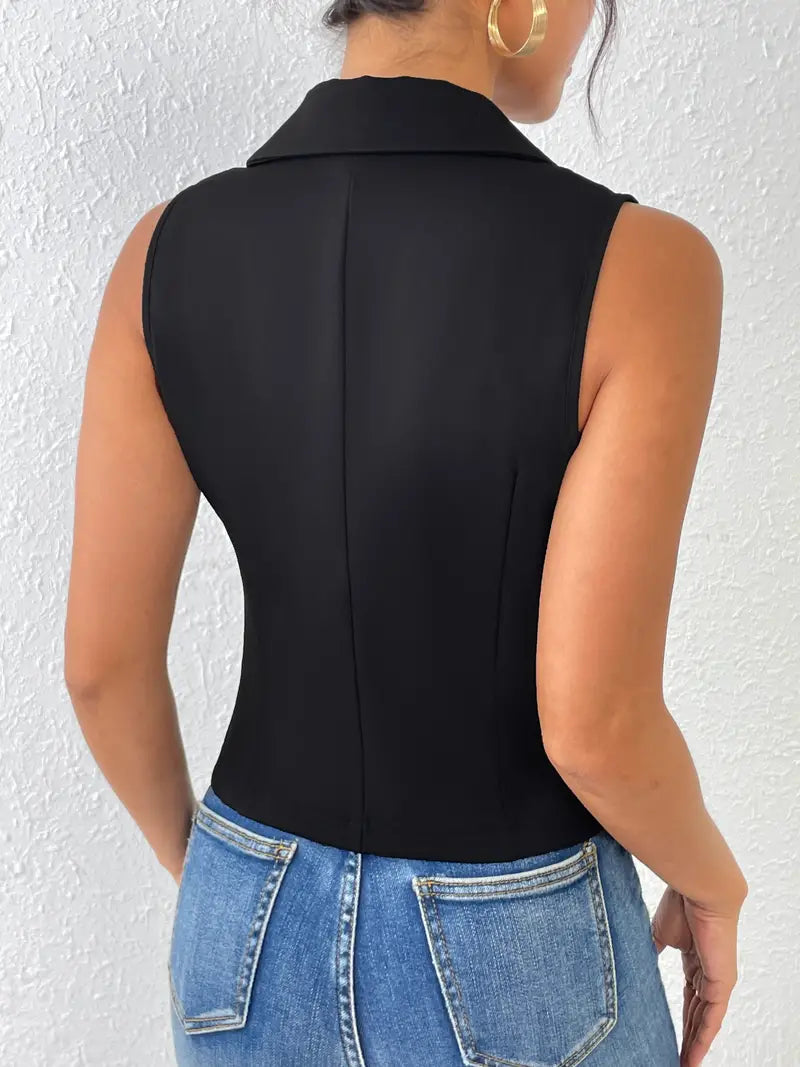 Tailored sleeveless vest with front welt pockets and button-front detail