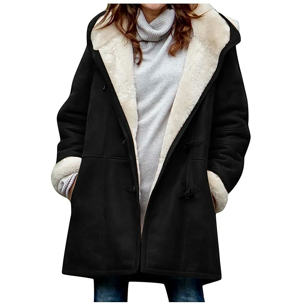 Women's mid-length lined jacket with hook fastening, open collar, and front patch pockets