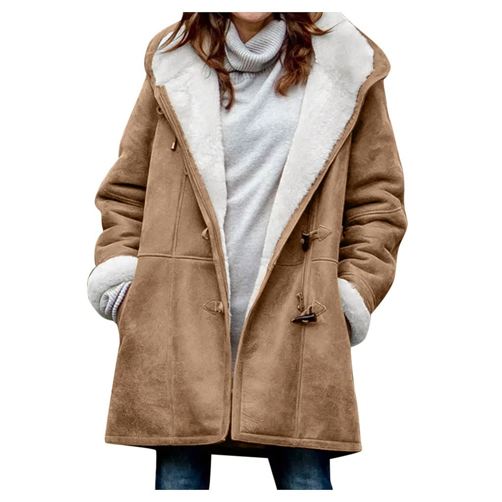 Women's autumn winter mid-length jacket with hook closure and contrasting inner lining