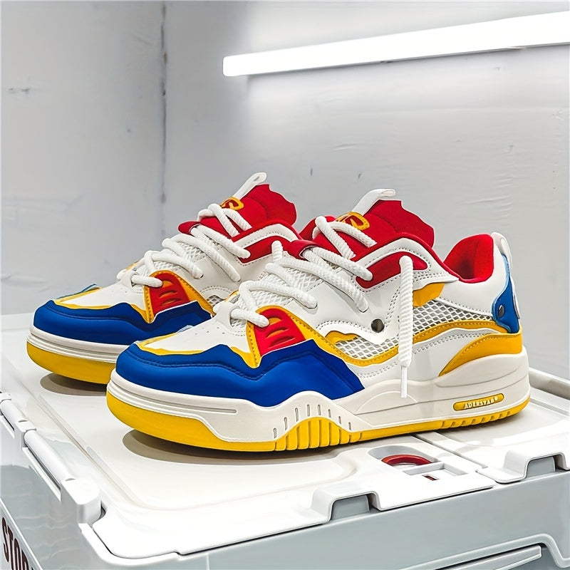 Men's low-top sneakers with chunky rubber sole, front lacing, padded tongue, and contrast panel stitching