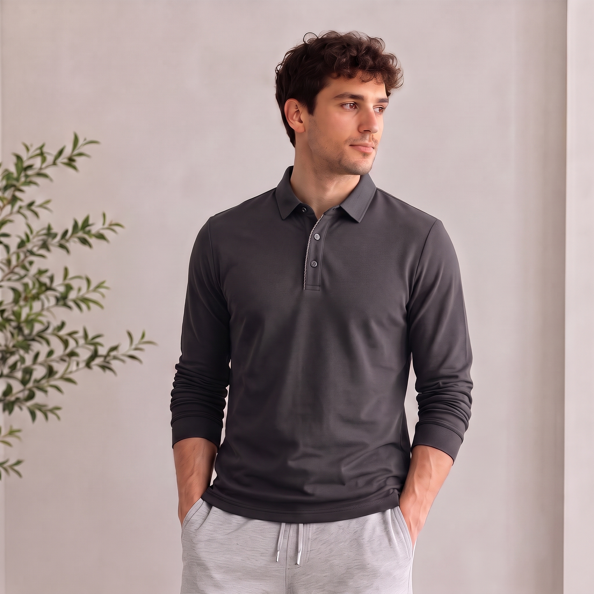 Men's long-sleeve polo shirt in stretch fabric with a clean minimalist finish